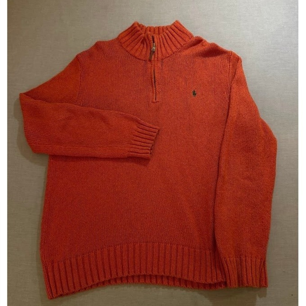 Vintage Ralph Lauren Quarter Zip Sweater Orange Knit Pullover Men XL Long Sleeve